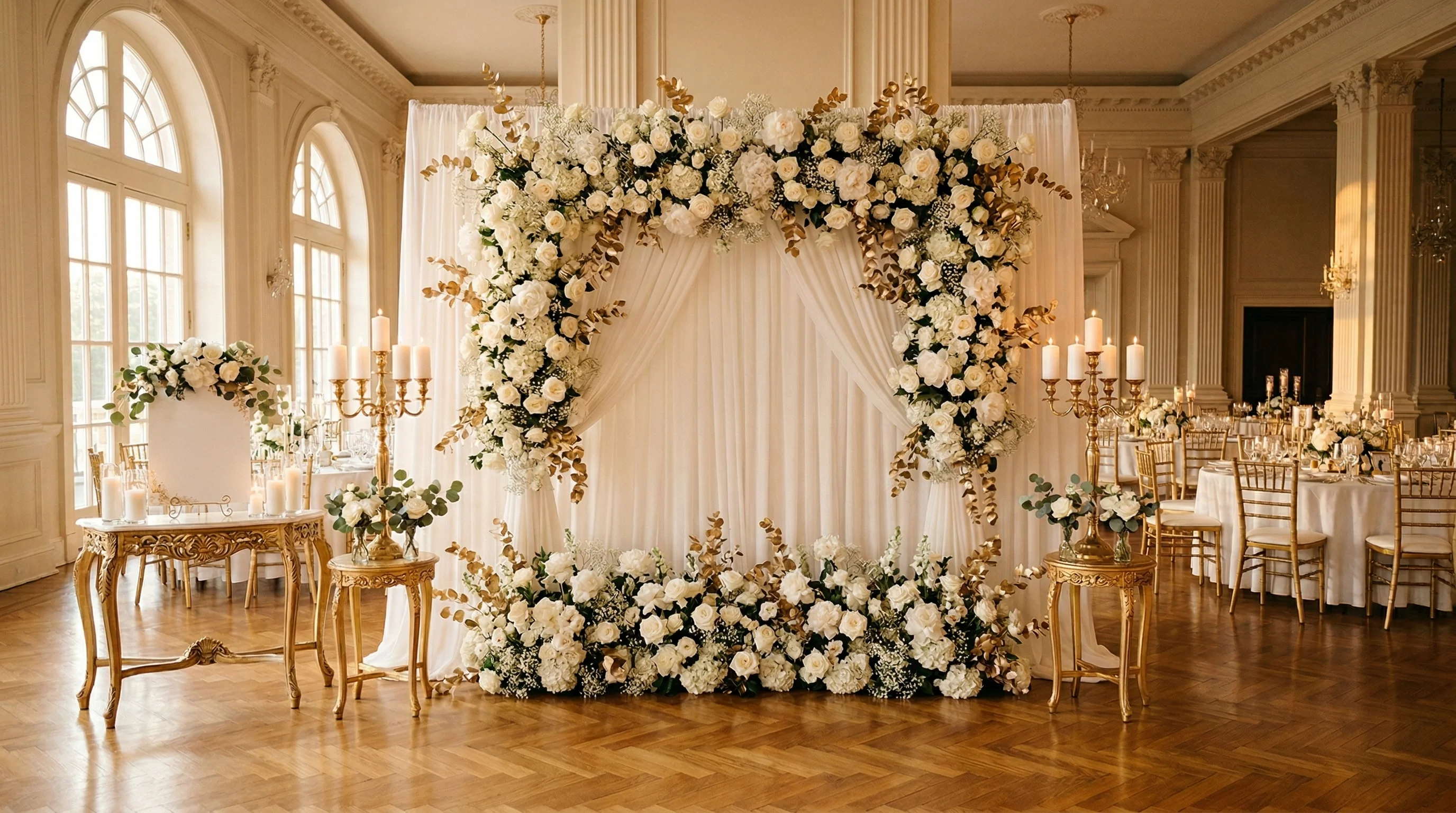 Elegancka ścianka komunijna z kwiatami i złotymi detalami