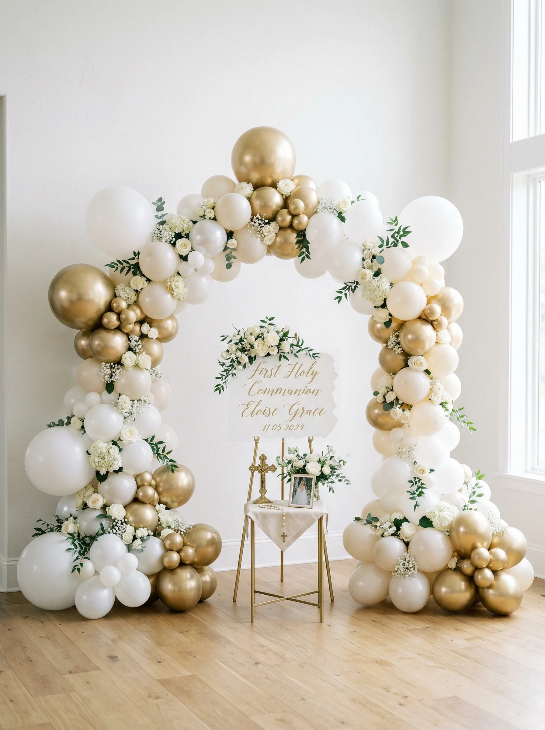 Ścianka balonowa komunijna w bieli i złocie