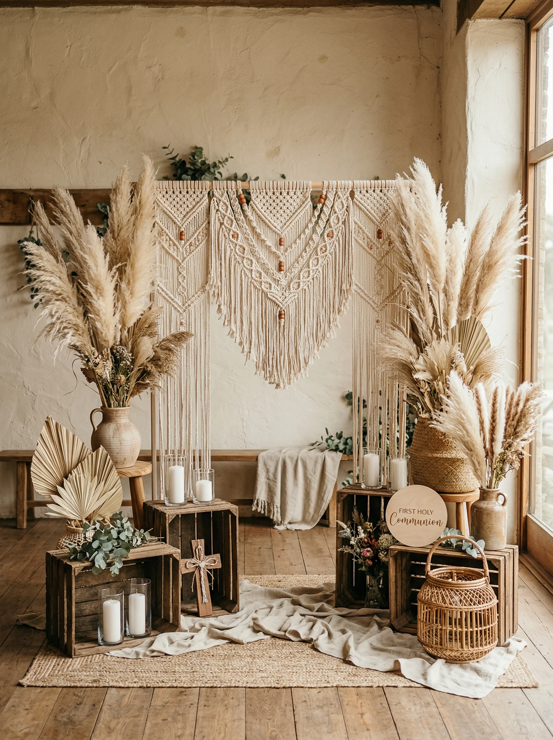 Ścianka komunijna w stylu boho z trawą pampasową