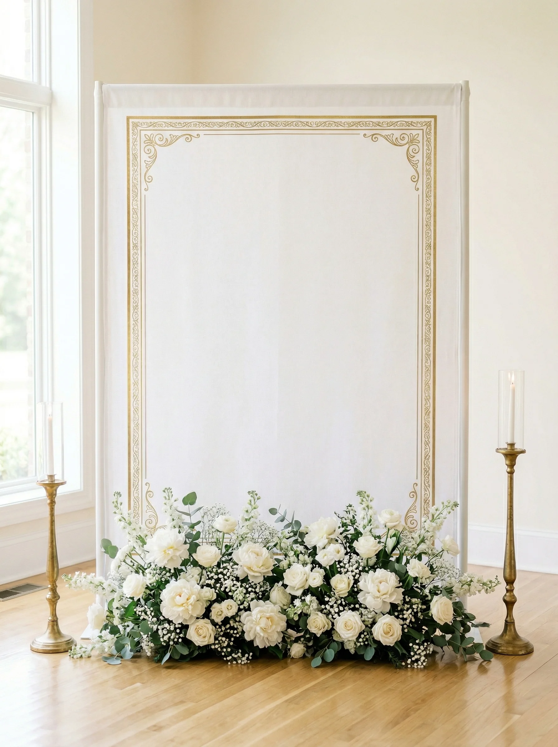 Klasyczna elegancka ścianka komunijna z kwiatami i złotymi świecznikami