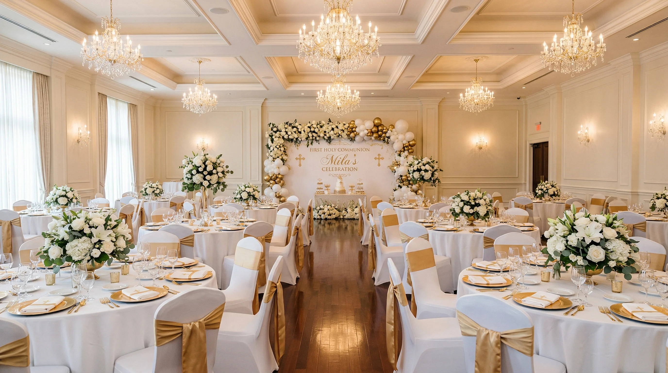 Elegancko udekorowana sala komunijna